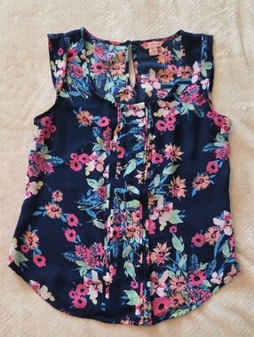 Candie's Floral Pleated Navy Sleeveless Work Blouse Size Small